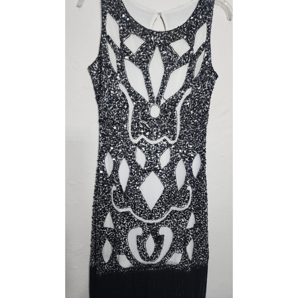 Sequin Flapper Fringe Dress Medium Black White Gatsby Art Deco 20s Style - Picture 2 of 7